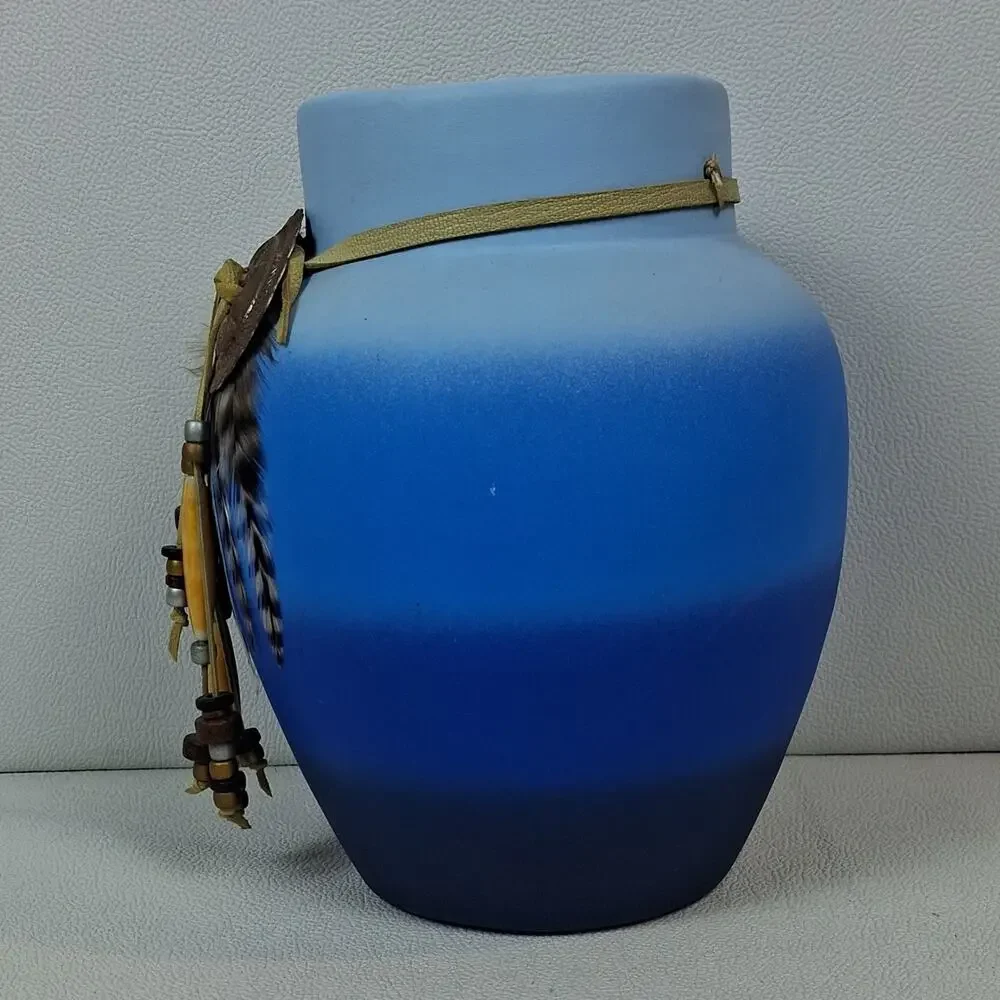 Monague Native Crafts Handcrafted Blue Ombre Ceramic Vase Urn Feathers Beads